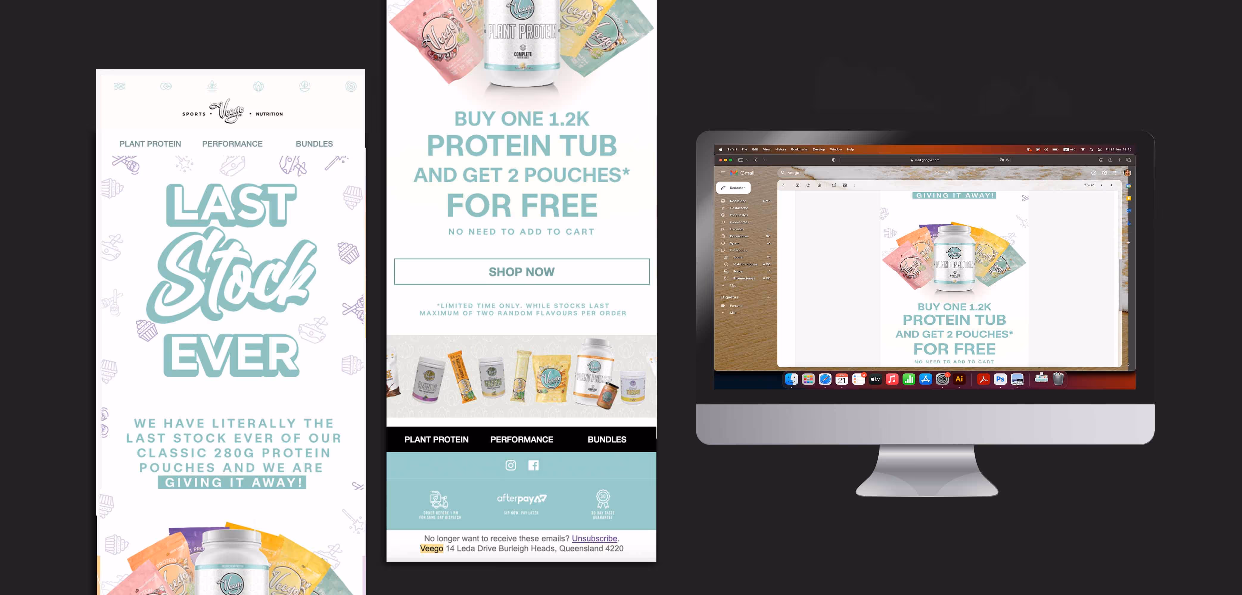 Full screen desktop monitor showing gmail open with a email marketing from a brand