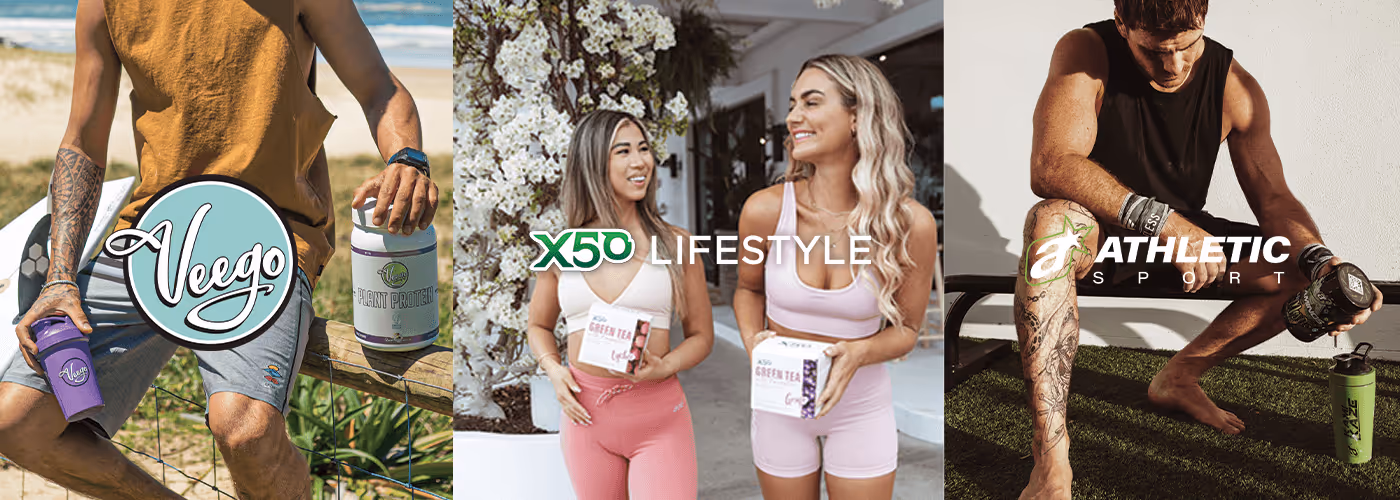 Horizontal banner with three photos with models showcasing products