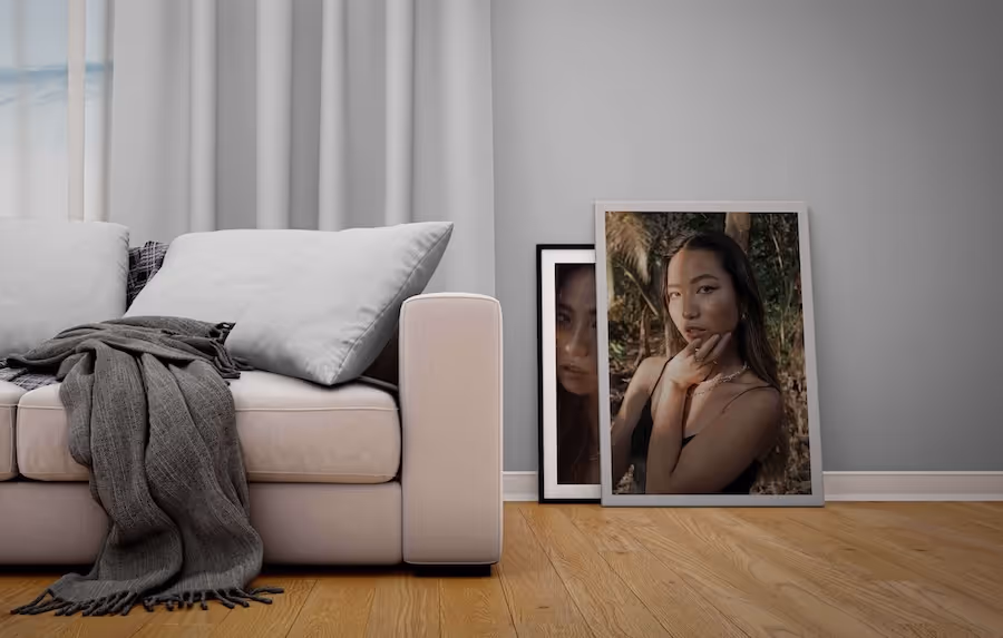 image of a lounge room with a frame standing on the floor against the wall of an artistic photo