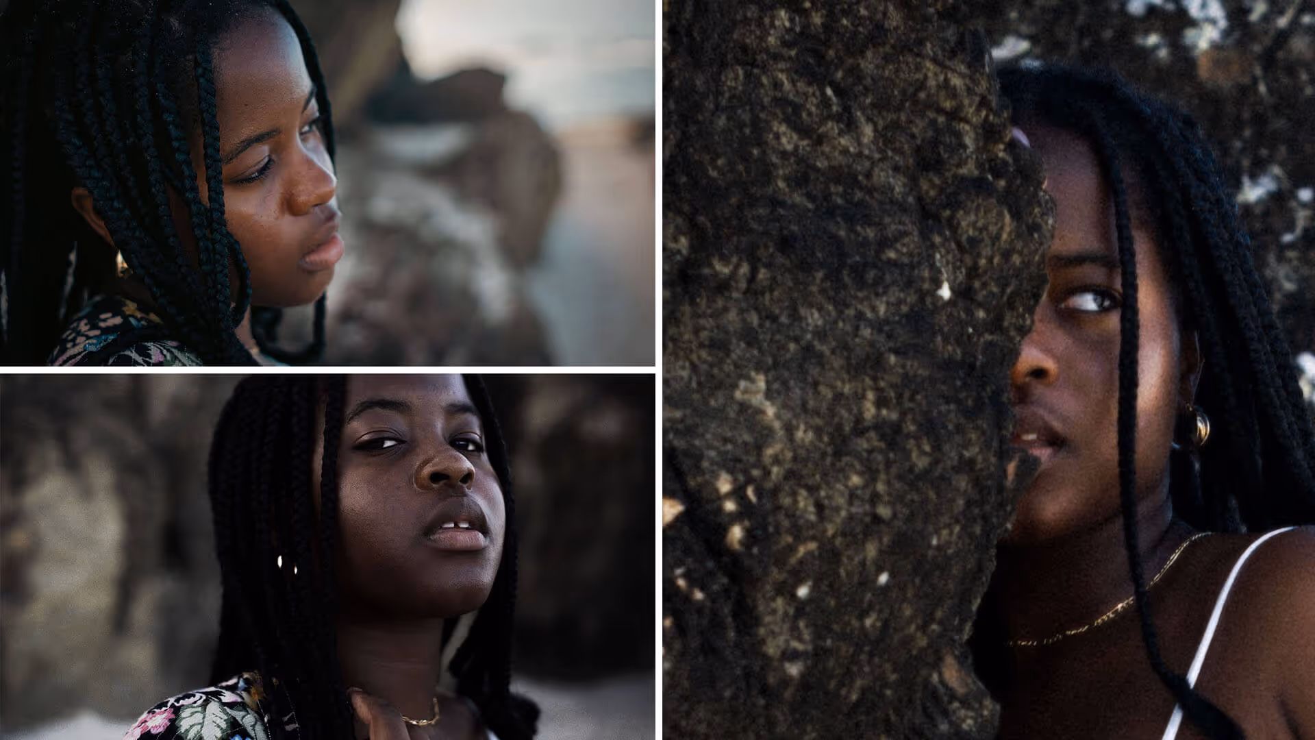 Photo divided in three of a black model in a jungle environment