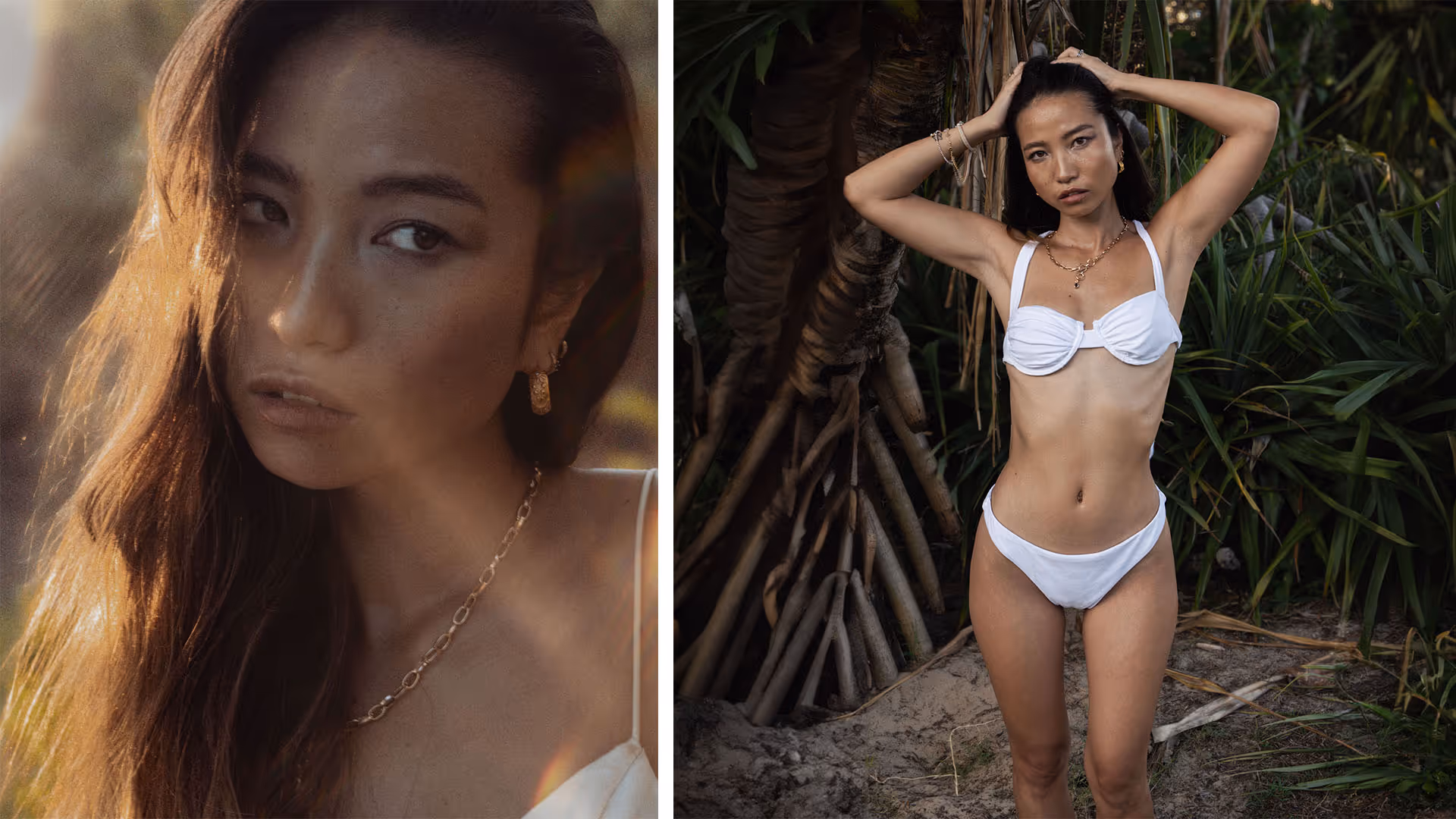 photos of an asian model at sunset posing with a white swimsuit