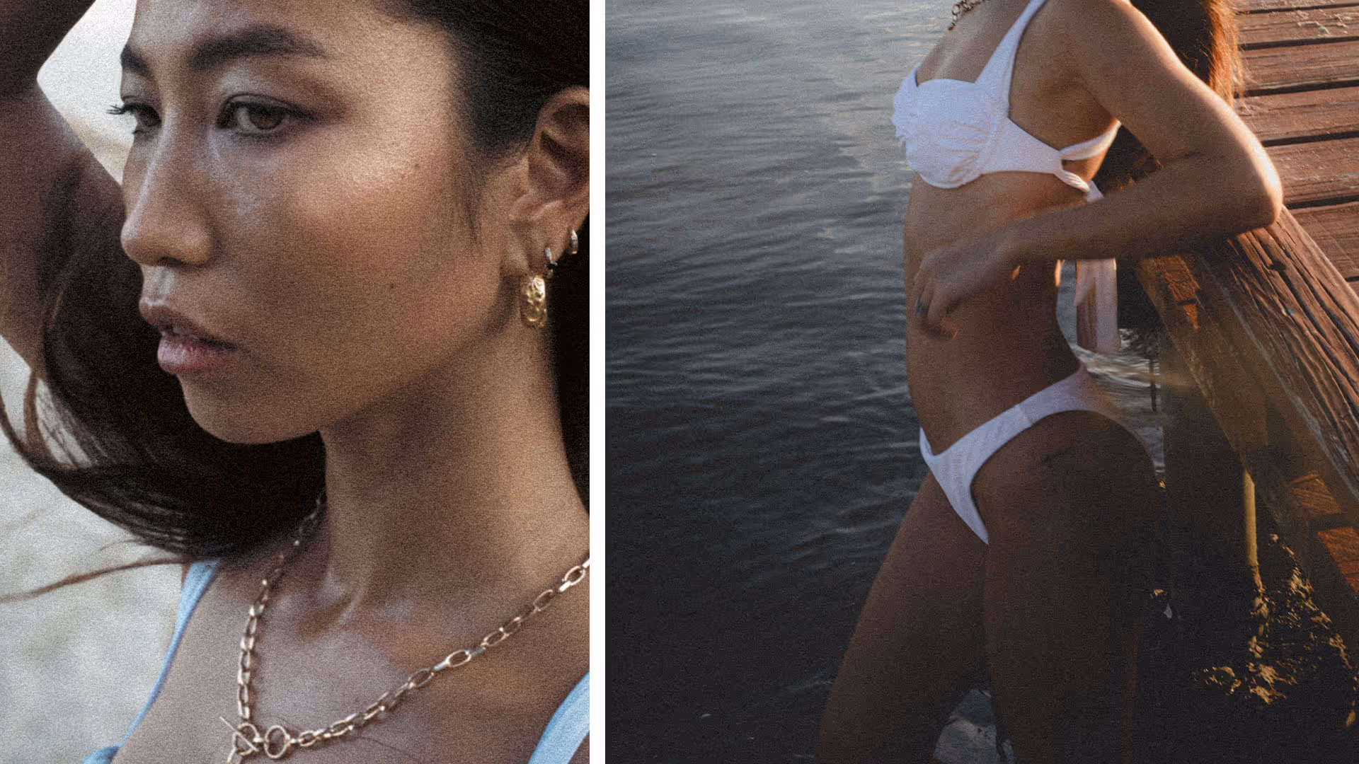 frame divided in 3 photos of a model posing at sunset with close up and half body angles